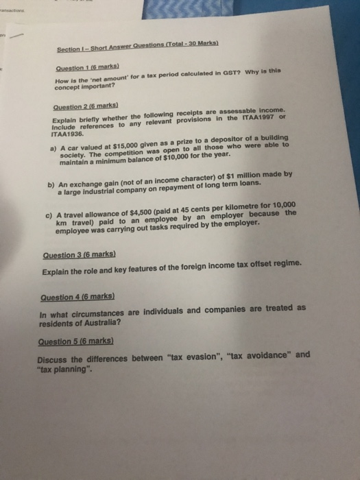  Section 1 - Short Answer Questions. (Total - 30 Marks) Question