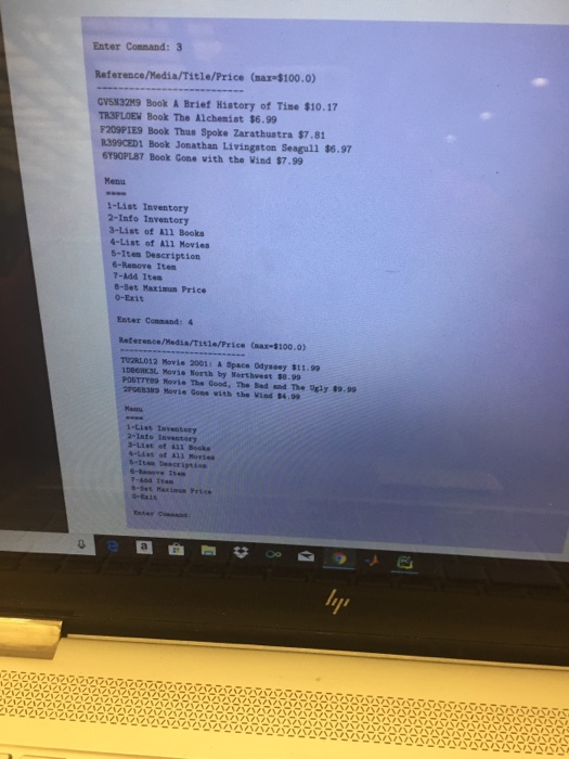 (Movie or Book), its Title, its Reference, and its Price. A sample