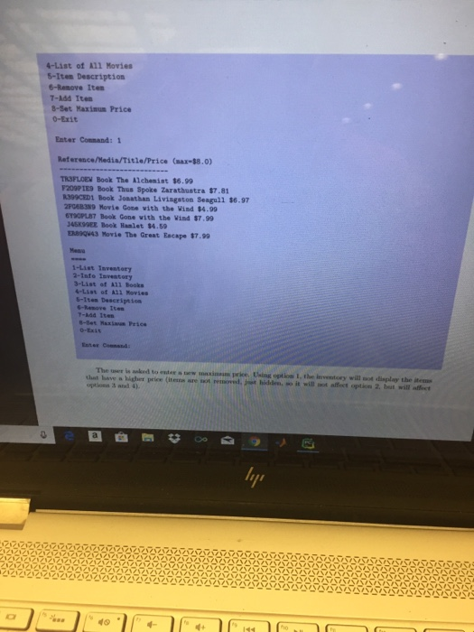 program nedia-store.py, the output includes a menu containing 9 options Velcome to