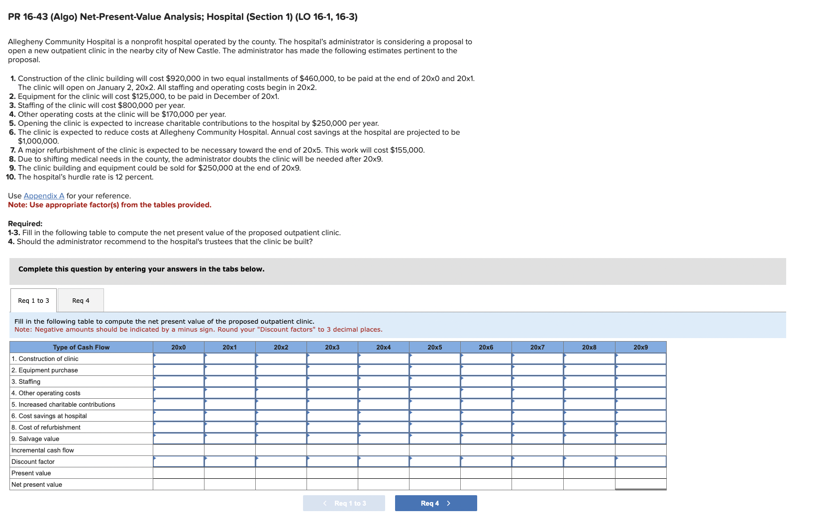 PR 16-43 (Algo) Net-Present-Value Analysis; Hospital (Section 1) (LO 16-1, 16-3)