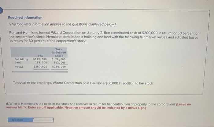 Hermione contributed a building and land with the following fair market values