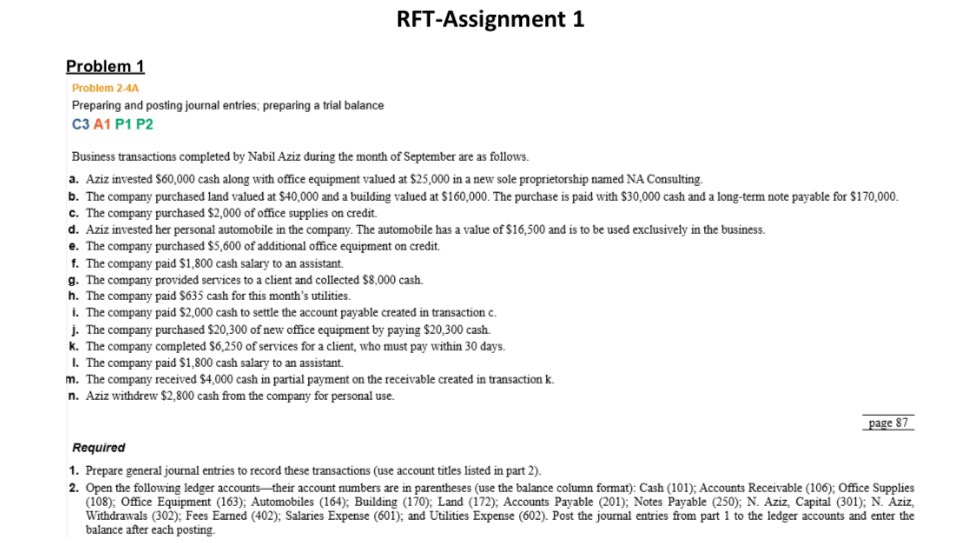  Problem 1 Problem 2-4A Preparing and posting journal entries; preparing a