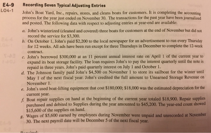  Help please! E4-9 Recording Seven Typical Adjusting Entries L04-1 John's Boat