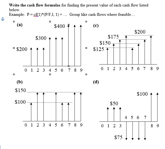 Write the cash flow formulas for finding the present value of each