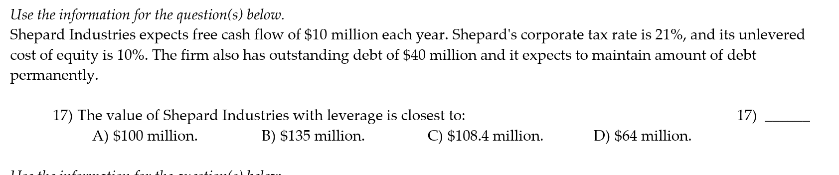  Use the information for the question(s) below. Shepard Industries expects free