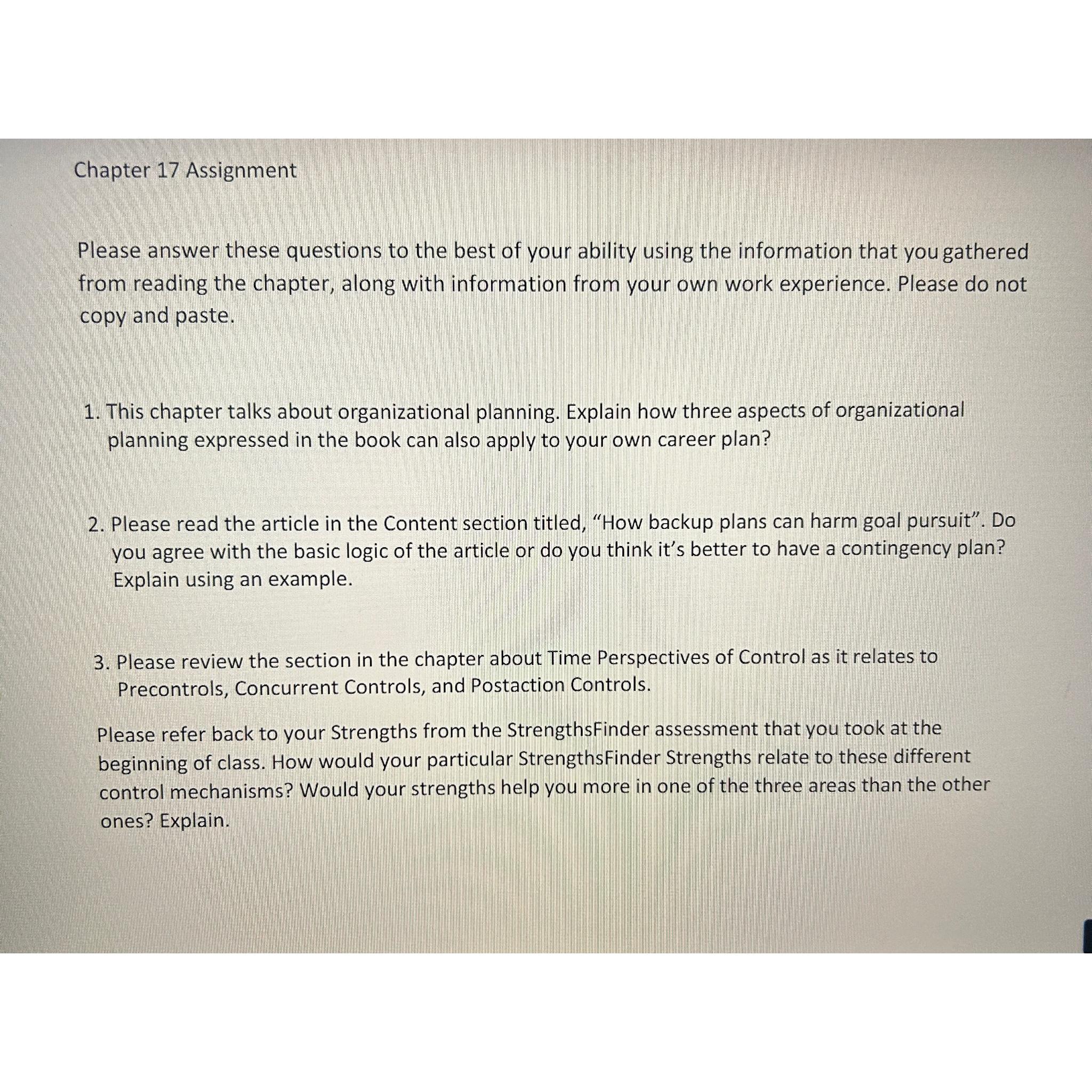  Chapter 17 Assignment Please answer these questions to the best of