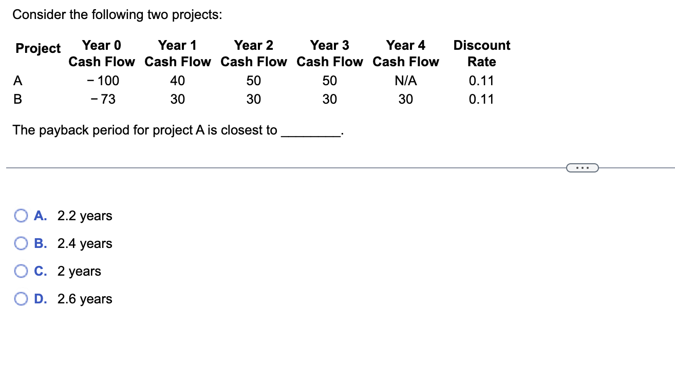  Consider the following two projects: The payback period for project A