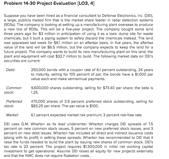  Problem 14-30 Project Evaluation [LO3, 4] Suppose you have been hired