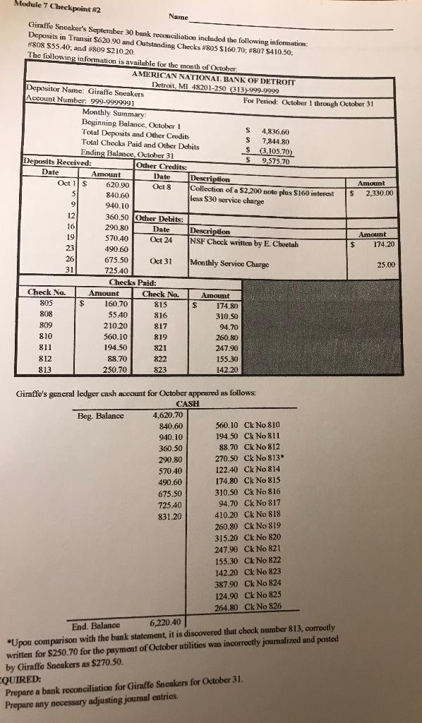  Module 7 Checkpoint #2 Oct 8 Name Giraffe Sncaker's September 30