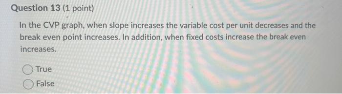  In the CVP graph, when slope increases the variable cost per