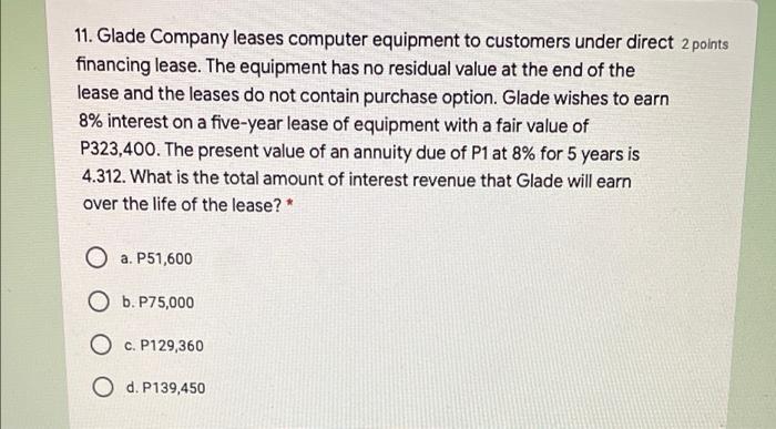 points 10. On January 1, 2012, Thelma Industries leased equipment to Tricia