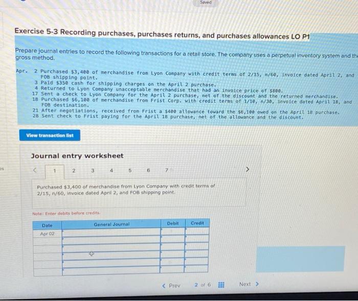  Saved Exercise 5-3 Recording purchases, purchases returns, and purchases allowances LO