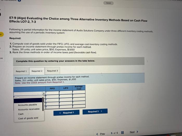 on Cash Flow Effects LO7-2, 7-3 Following is partial information for the