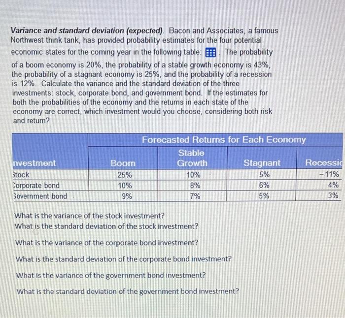 Variance and standard deviation (expected). Bacon and Associates, a famous Northwest