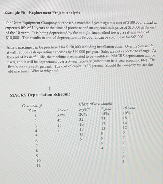  Example \#6 Replacement Project Analysis The Durst Equipment Company purchased a