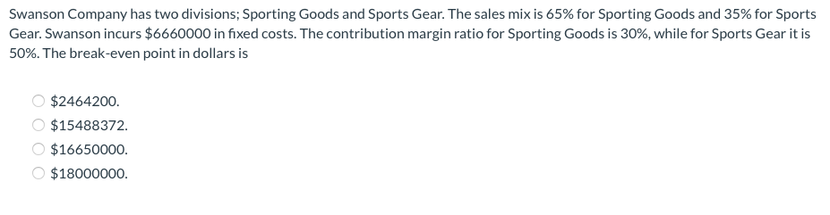 divisions; Sporting Goods and Sports Gear. The sales mix is 65% for
