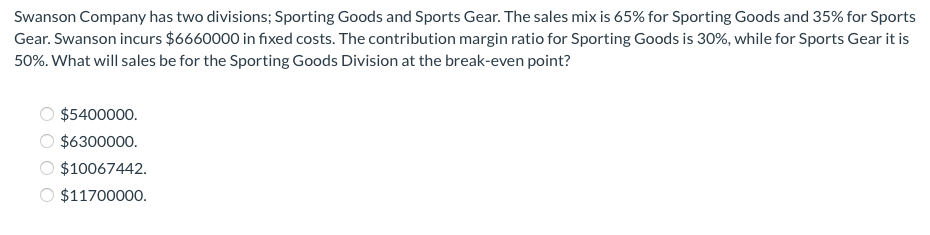 Sporting Goods and 35% for Sports Gear. Swanson incurs $6660000 in fixed