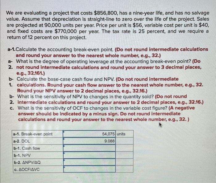 we are evaluating a project that costs $856,800 has a nine year