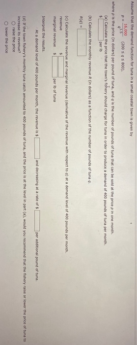  Assume that the demand function for tuna in a small coastal