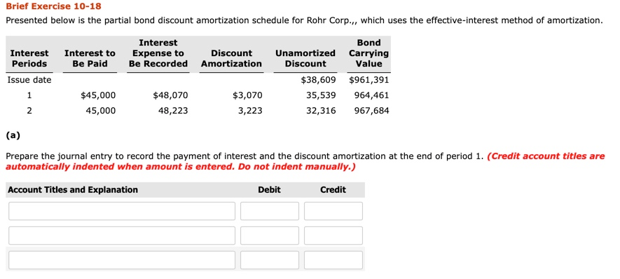  Brief Exercise 10-18 Presented below is the partial bond discount amortization