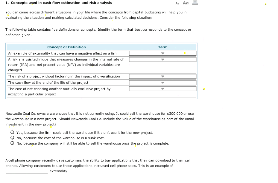  1. Concepts used in cash flow estimation and risk analysis Aa