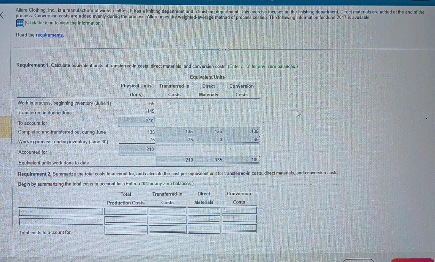table rk in process, beginning entory (June 1) Degree of completion, beginning