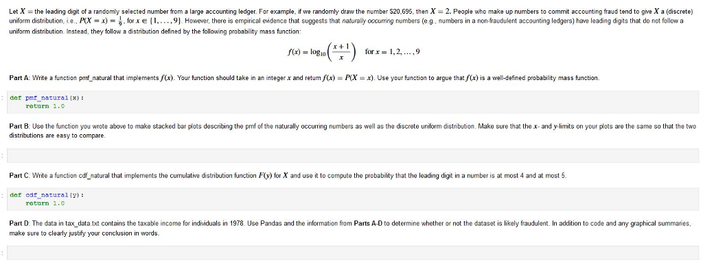 Data Science Python 3.0 problem: Let X the leading digit of a