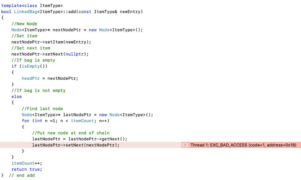 instead of at the beginning. This is the code I have: linkedBag-driver.cpp