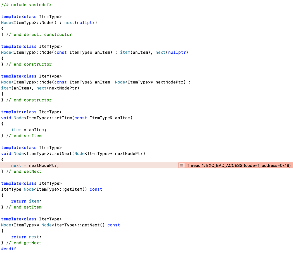 (const ItemType& anItem); void setNext (Node* nextNodePtr); ItemType getItem() const Node template