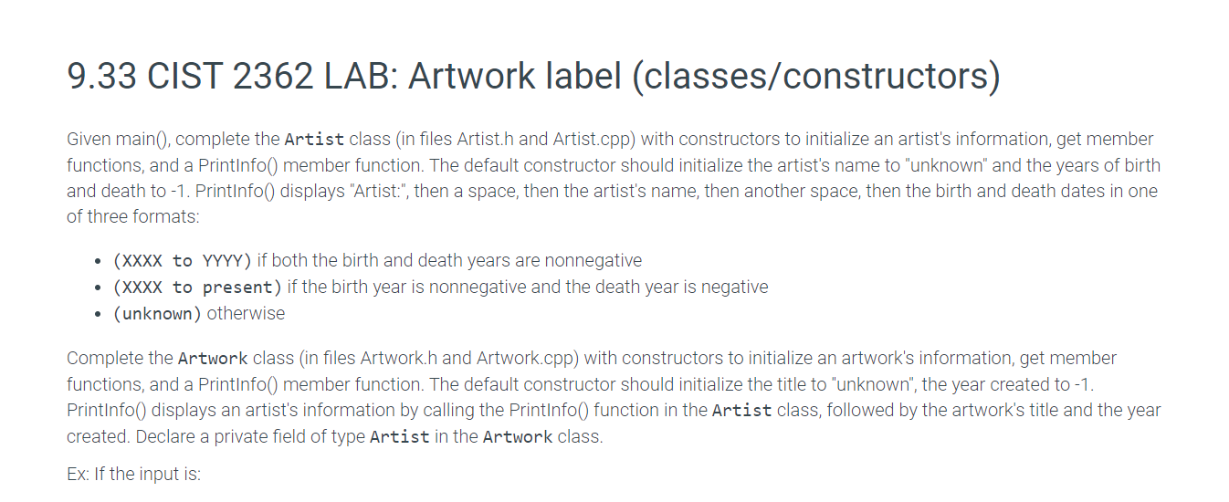Please see the attached. (Artwork.cpp) #include "Artwork.h" #include // TODO: Define default