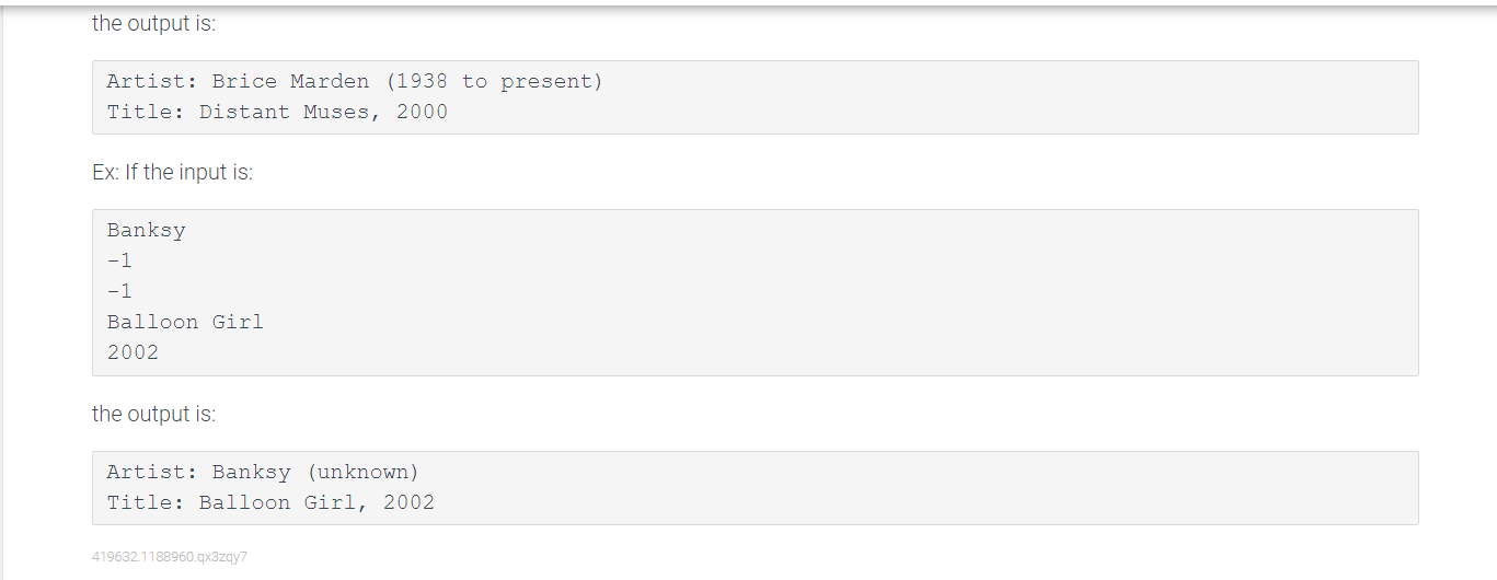 yearCreated, artist) // TODO: Define get functions: GetTitle(), GetYearCreated() // TODO: Define