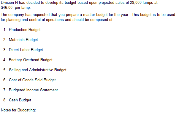 ANSWER YELLOW PARTS PLEASE Division N has decided to develop its budget