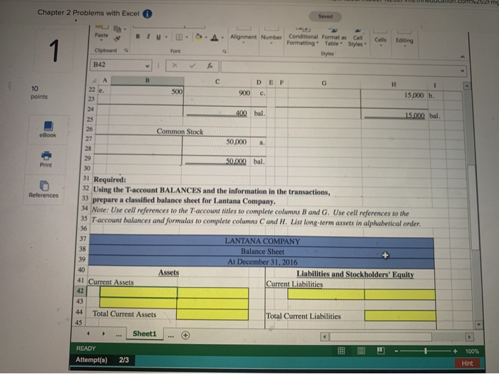 Chapter 2 Problems with Excel Saved Help 1 10 points Lantana Company