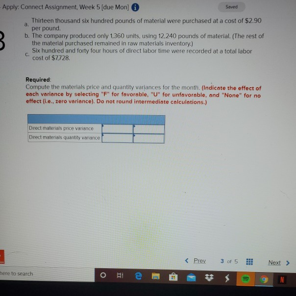 U Saved Apply: Connect Assignment, Week 5 (due Mon] B Huron Company