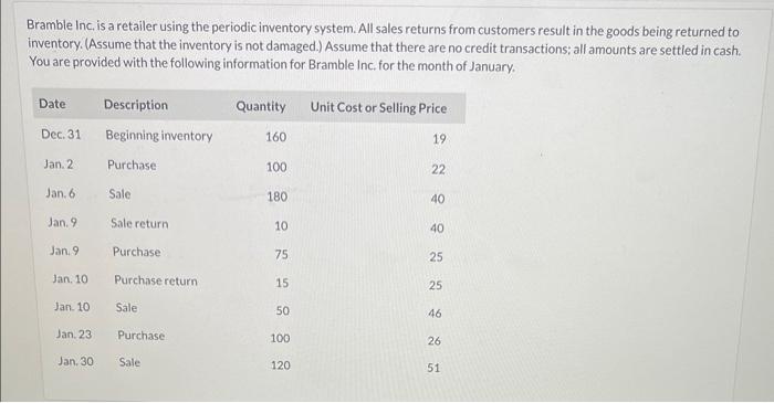  Bramble Inc, is a retailer using the periodic inventory system. All