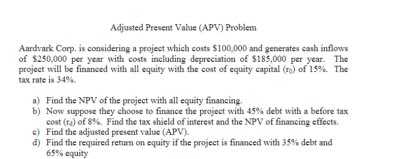 Adjusted Present Value (APV) Problem Aardvark Corp. is considering a project