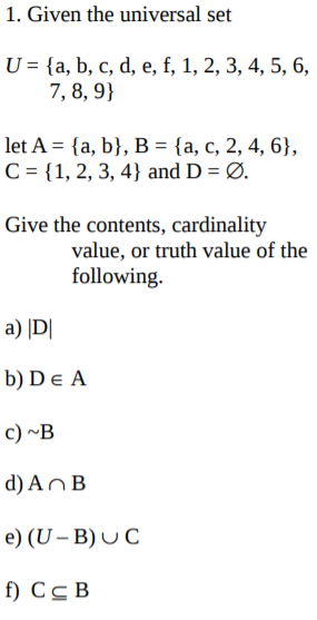  1. Given the universal set U=(a, b, c, d, e, f,