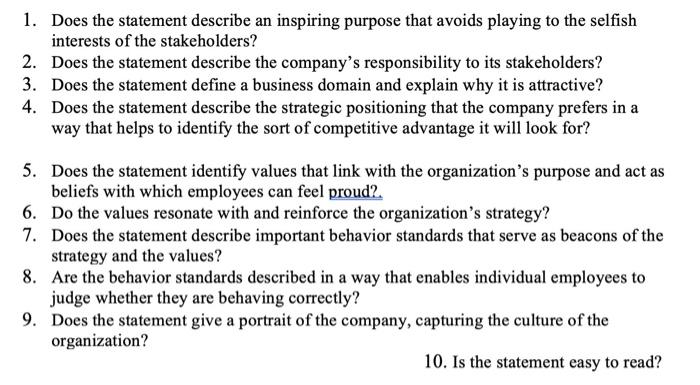  1. Does the statement describe an inspiring purpose that avoids playing