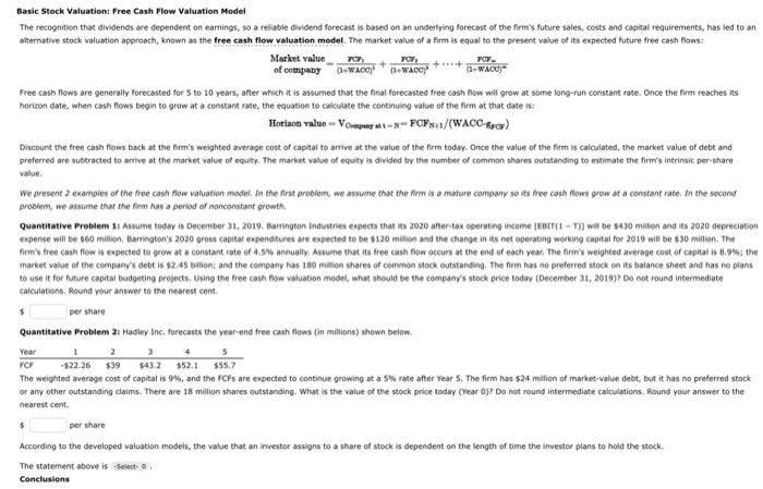  just answer Basic Stock Valuation: Free Cash Flow Valuation Model The