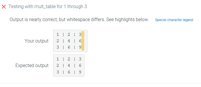 to fix the space at the end please help CHALLENGE 7.5.1:Print multiplication