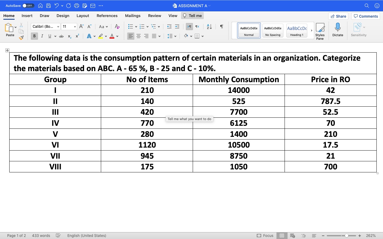  AutoSave OFF W ASSIGNMENT A Home Insert Draw Design Layout References
