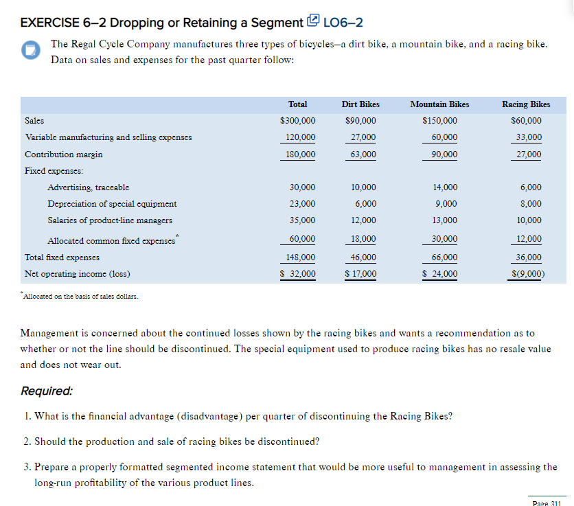  EXERCISE 6-2 Dropping or Retaining a Segment L06-2 The Regal Cycle