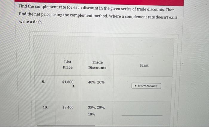C10 only and d 12 Find the complement rate for each discount