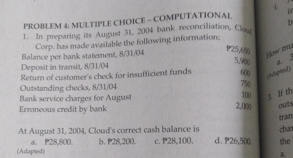  b PROBLEM 4: MULTIPLE CHOICE-COMPUTATIONAL How mu 1. In preparing its