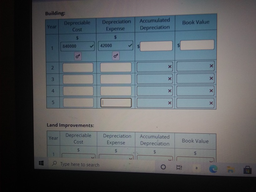 table to calculate the depreciation for the Building and Land Improvements for