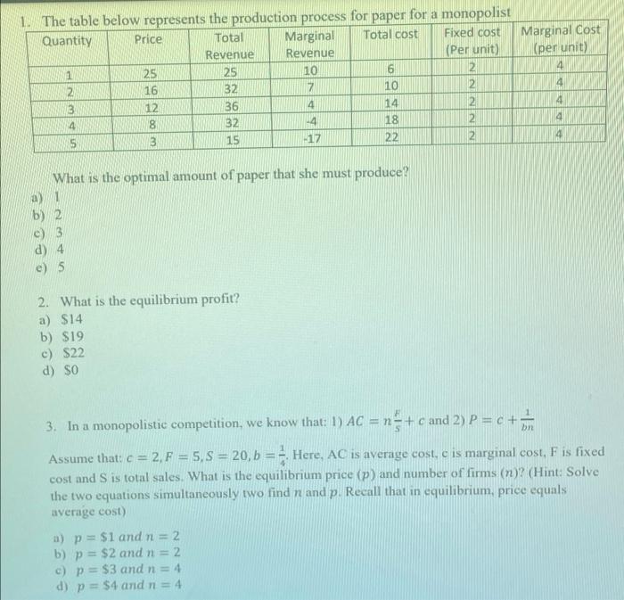  4 1. The table below represents the production process for paper