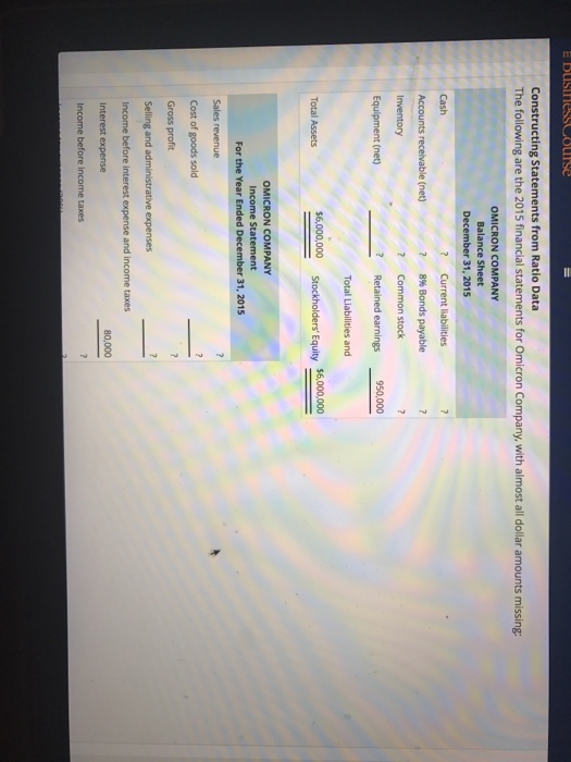  Constructing Statements from Ratio Data The following are the 2015 financial