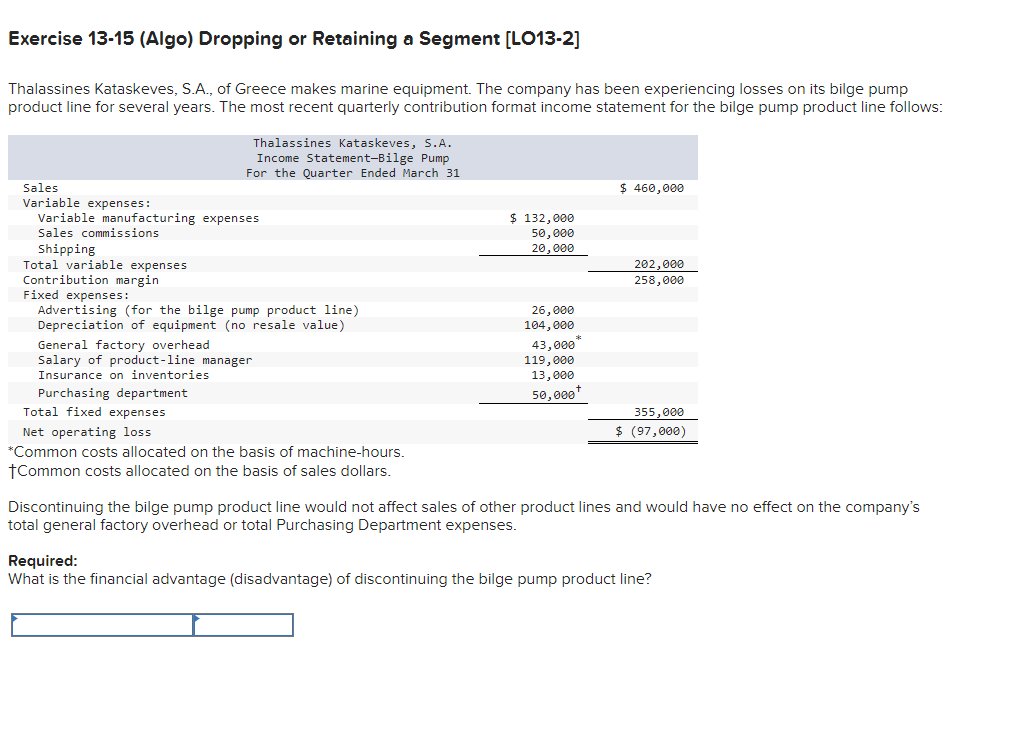  Exercise 13-15 (Algo) Dropping or Retaining a Segment [LO13-2] Thalassines Kataskeves,
