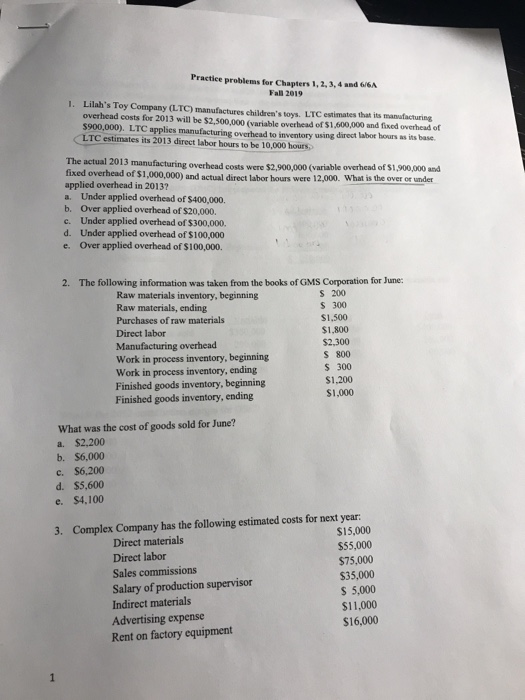  Practice problems for Chapters 1. 2. 3. 4 and 6/6A Fall