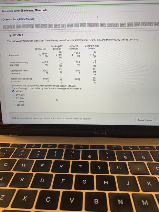  Remaining Time: 06 minutes, 28 seconds. Question Completion Status: QUESTION 9